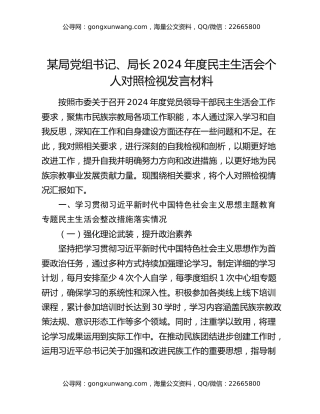 某局党组书记、局长2024年度民主生活会个人对照检视发言材料