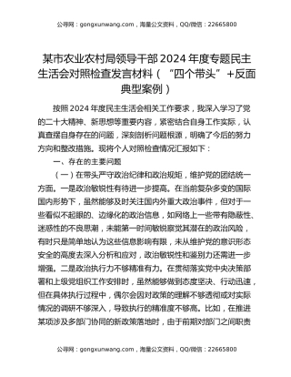 某市农业农村局领导干部2024年度专题民主生活会对照检查发言材料（“四个带头”+反面典型案例）