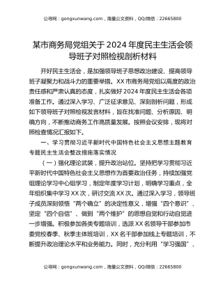 某市商务局党组关于2024年度民主生活会领导班子对照检视剖析材料
