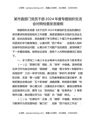 某市直部门党员干部2024年度专题组织生活会对照检查发言提纲