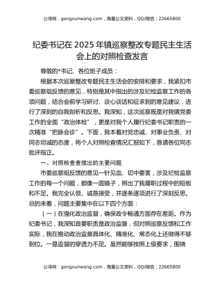 纪委书记在2025年镇巡察整改专题民主生活会上的对照检查发言