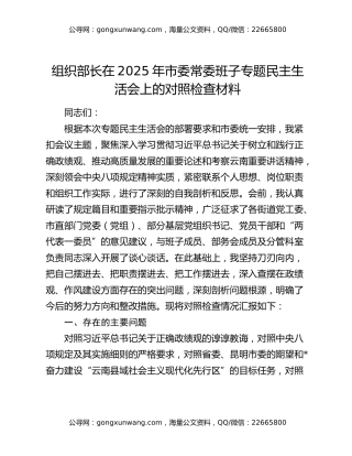 组织部长在2025年市委常委班子专题民主生活会上的对照检查材料