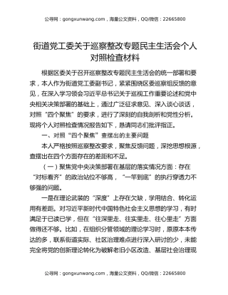 街道党工委关于巡察整改专题民主生活会个人对照检查材料