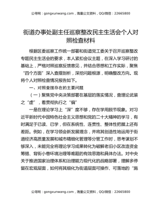 街道办事处副主任巡察整改民主生活会个人对照检查材料