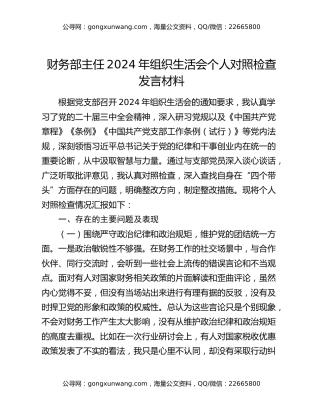 财务部主任2024年组织生活会个人对照检查发言材料