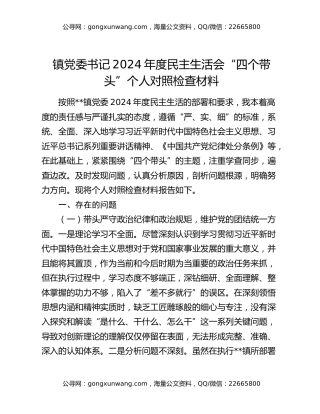 镇党委书记2024年度民主生活会“四个带头”个人对照检查材料