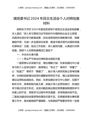 镇党委书记2024年民主生活会个人对照检查材料