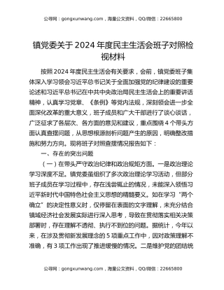 镇党委关于2024年度民主生活会班子对照检视材料