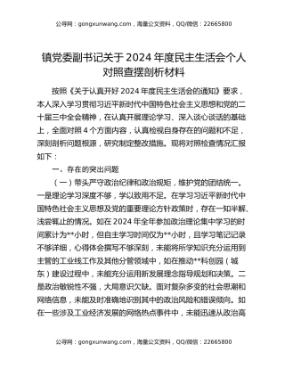 镇党委副书记关于2024年度民主生活会个人对照查摆剖析材料