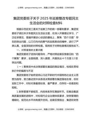 集团党委班子关于2025年巡察整改专题民主生活会的对照检查材料