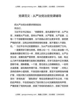 党课范文：从严治党治官党课辅导