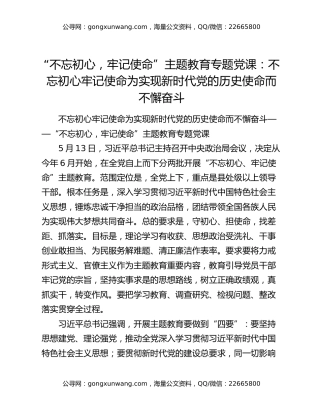 “不忘初心，牢记使命”主题教育专题党课：不忘初心牢记使命为实现新时代党的历史使命而不懈奋斗