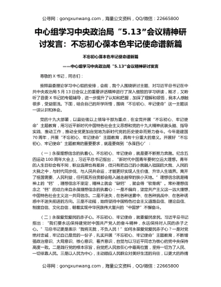 中心组学习中央政治局“5.13”会议精神研讨发言：不忘初心葆本色牢记使命谱新篇