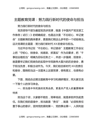 主题教育党课：努力践行新时代的使命与担当