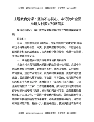 主题教育党课：坚持不忘初心、牢记使命全面推进乡村振兴战略落实