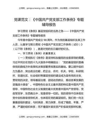 党课范文：《中国共产党支部工作条例》专题辅导报告