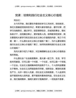 党课：培育和践行社会主义核心价值观