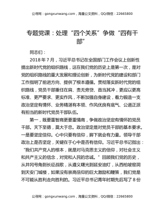专题党课：处理“四个关系” 争做“四有干部”