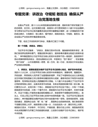 专题党课：讲政治  守规矩 敢担当  确保从严治党落地生根