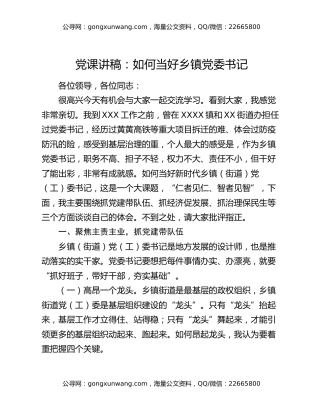 党课讲稿：如何当好乡镇党委书记