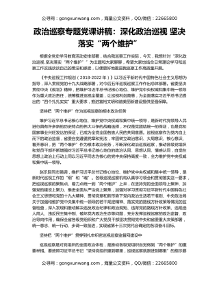 政治巡察专题党课讲稿：深化政治巡视 坚决落实“两个维护”