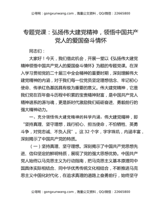 专题党课：弘扬伟大建党精神，领悟中国共产党人的爱国奋斗情怀