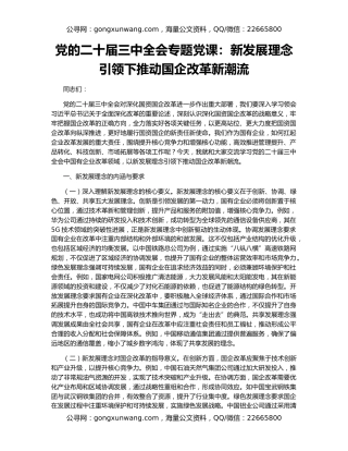 党的二十届三中全会专题党课：新发展理念引领下推动国企改革新潮流