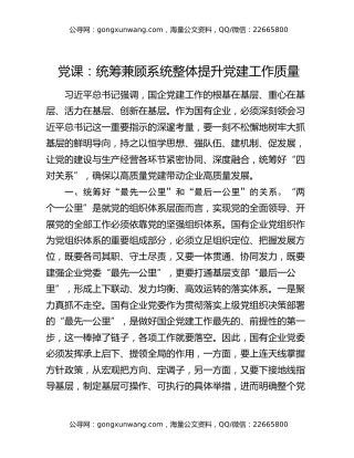 党课：统筹兼顾 系统整体提升党建工作质量