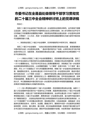 市委书记在全是县处级领导干部学习贯彻党的二十届三中全会精神研讨班上的党课讲稿