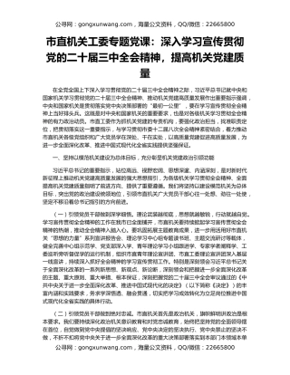 市直机关工委专题党课：深入学习宣传贯彻党的二十届三中全会精神，提高机关党建质量