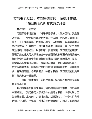 支部书记党课：不断锤炼本领，做德才兼备、清正廉洁的新时代党员干部