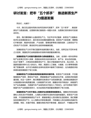 研讨发言：把牢“五个抓手”  推进新质生产力提速发展