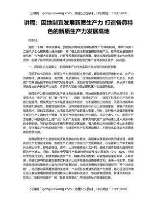 讲稿：因地制宜发展新质生产力 打造各具特色的新质生产力发展高地