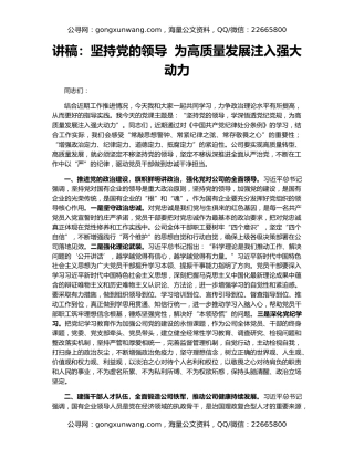 讲稿：坚持党的领导  为高质量发展注入强大动力