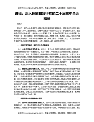 讲稿：深入理解和践行党的二十届三中全会精神