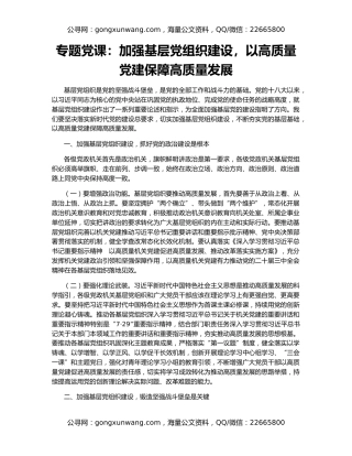 专题党课：加强基层党组织建设，以高质量党建保障高质量发展