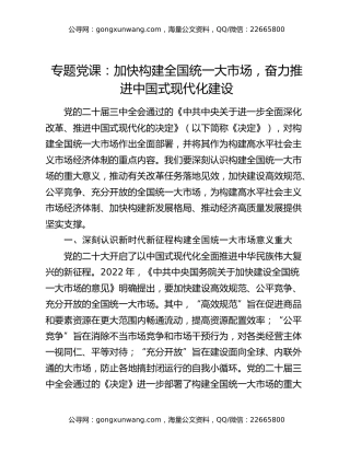专题党课：加快构建全国统一大市场，奋力推进中国式现代化建设