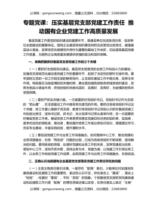 专题党课：压实基层党支部党建工作责任  推动国有企业党建工作高质量发展