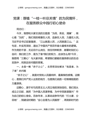 党课：厚植“一枝一叶总关情”的为民情怀，在服务群众中践行初心使命