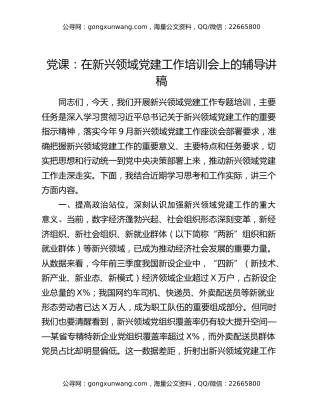 党课：在新兴领域党建工作培训会上的辅导讲稿