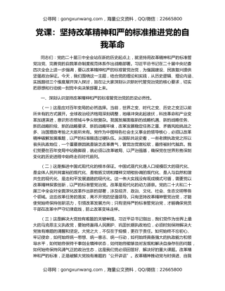 党课：坚持改革精神和严的标准推进党的自我革命