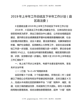 2019年上半年工作总结及下半年工作计划（县区政法委）