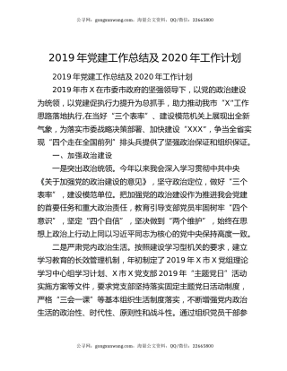 2019年党建工作总结及2020年工作计划