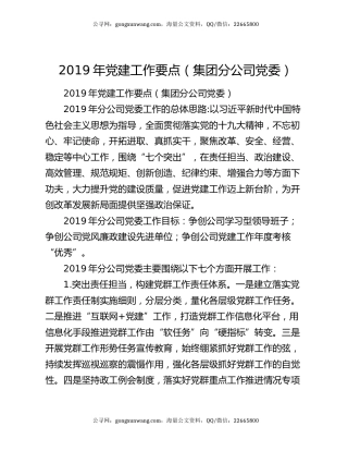2019年党建工作要点（集团分公司党委）