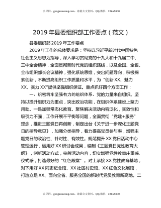 2019年县委组织部工作要点（范文）