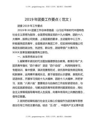2019年团委工作要点（范文）