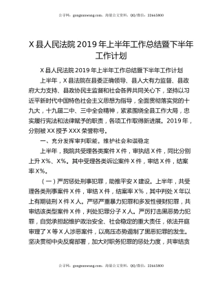 X县人民法院2019年上半年工作总结暨下半年工作计划