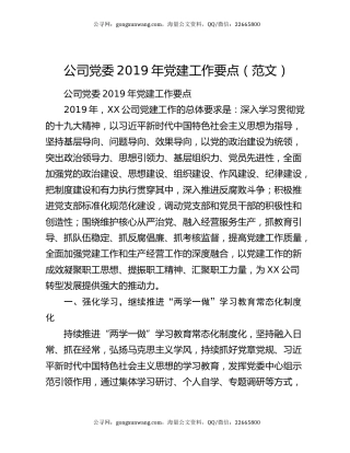 公司党委2019年党建工作要点（范文）