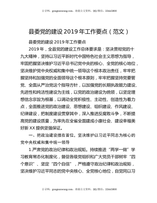 县委党的建设2019年工作要点（范文）