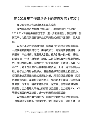 在2019年工作谋划会上的表态发言（范文）